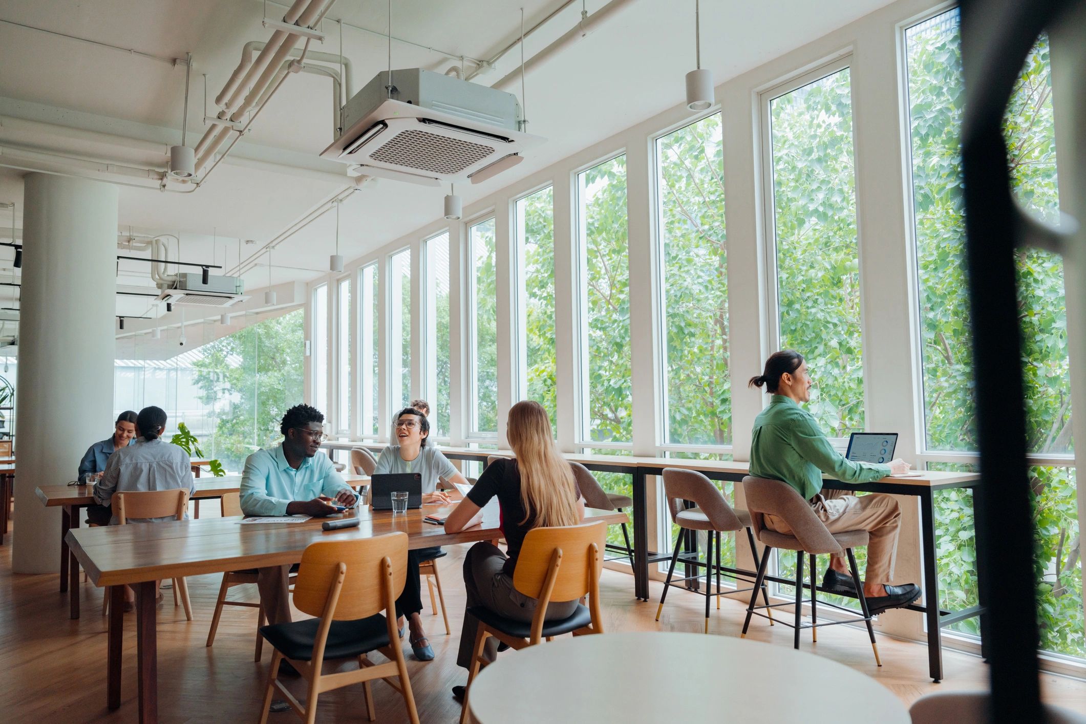 Marketing professionals collaborating in a modern workspace